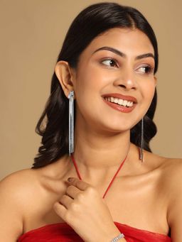 Nuyug - White Stainless Steel Rhodium Plated Stones Pair Of Earrings