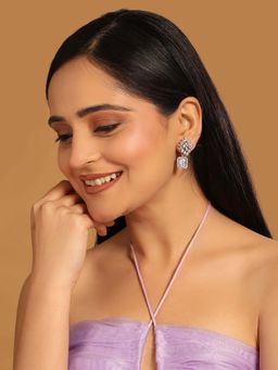 Nuyug - White Brass Rhodium Plated Stones Pair Of Earrings