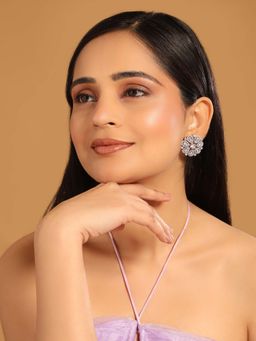 Nuyug - White Brass Rhodium Plated Stones Pair Of Earrings