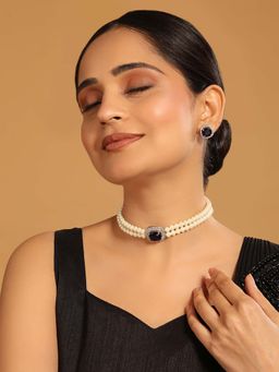 Nuyug - Blue Brass Rhodium Plated Pearl Necklace and Pair Of Earrings (Set of 2)