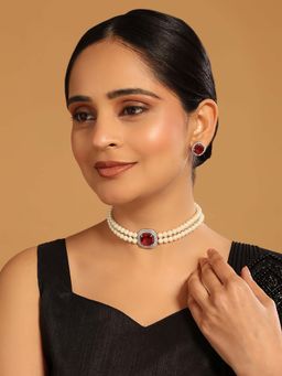 Nuyug - Red Brass Rhodium Plated Pearl Necklace and Pair Of Earrings (Set of 2)