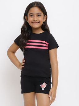 Tales & Stories - Girls Black Cotton Stripes Night Suit (Set of 2)