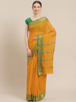 ISHIN - Womens Cotton Blend Mustard Solid Woven Design Saree with Unstitched Blouse