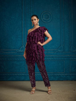 Neeta Lulla - Burgundy Allsya Tunic with Pant Co-Ord (Set of 2)