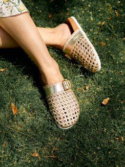 Peach Flores - Valencia Leather Gold Mules