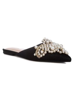 Rag & Co - Pearl Embellished Flat Party Black Mules