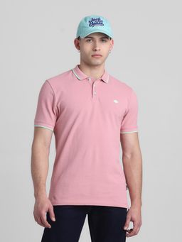Jack & Jones - Men Pink Cotton Regular Fit Polo T-Shirt