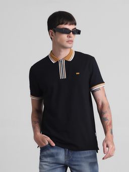 Jack & Jones - Men Black Cotton Blend Regular Fit Polo T-Shirt