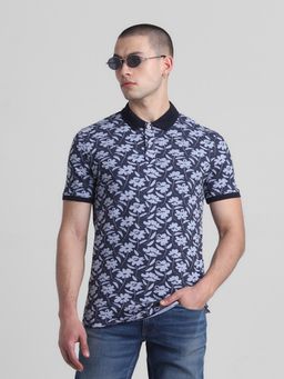 Jack & Jones - Men Navy Blue Cotton Blend Regular Fit Polo T-Shirt