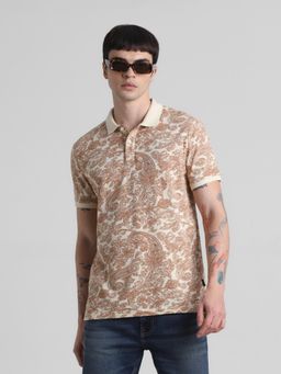 Jack & Jones - Men Beige Cotton Regular Fit Polo T-Shirt