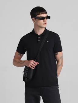 Jack & Jones - Men Black Viscose Blend Regular Fit Polo T-Shirt