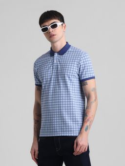 Jack & Jones - Men Blue Cotton Blend Regular Fit Polo T-Shirt