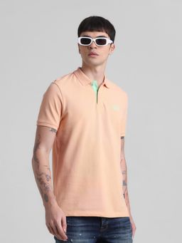 Jack & Jones - Men Orange Cotton Regular Fit Polo T-Shirt