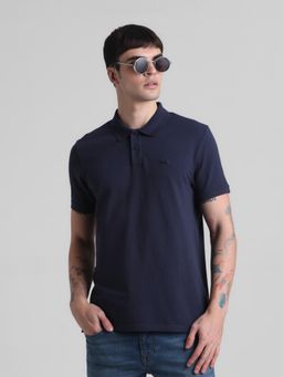 Jack & Jones - Men Navy Blue Cotton Blend Regular Fit Polo T-Shirt