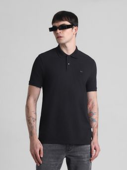 Jack & Jones - Men Black Cotton Blend Regular Fit Polo T-Shirt