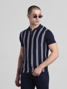 Jack & Jones - Men Navy Blue Cotton Regular Fit Polo T-Shirt