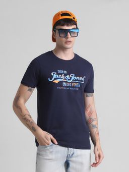 Jack & Jones - Men Navy Blue Cotton Regular Fit T-Shirt