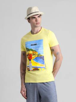 Jack & Jones - Men Yellow Cotton Regular Fit T-Shirt