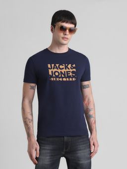 Jack & Jones - Men Navy Blue Cotton Blend Regular Fit T-Shirt