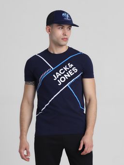 Jack & Jones - Men Navy Blue Cotton Blend Regular Fit T-Shirt