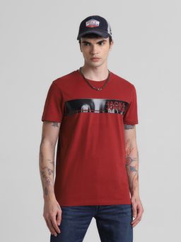 Jack & Jones - Men Red Cotton Slim Fit T-Shirt