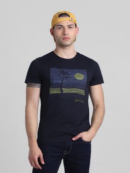 Jack & Jones - Men Navy Blue Cotton Slim Fit T-Shirt