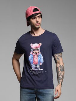 Jack & Jones - Men Navy Blue Cotton Regular Fit T-Shirt