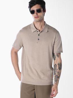 Jack & Jones - Men Beige Cotton Regular Fit Polo T-Shirt