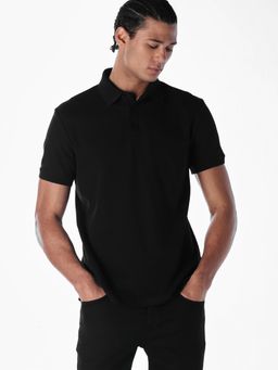 Jack & Jones - Men Black Cotton Blend Regular Fit Polo T-Shirt