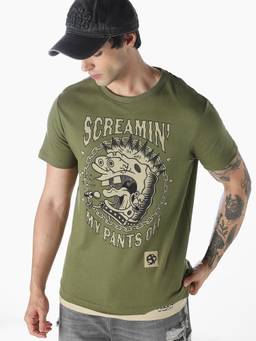 Jack & Jones - Men Green Cotton Regular Fit T-Shirt