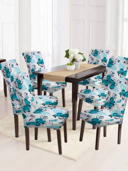 Cortina - Set of 6 Floral Printed White & Blue Chair Cover