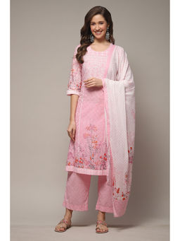 Biba - Womens Pink Printed Cotton Straight Suit (Set of 3)
