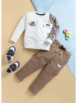 Toonyport - White Boys Printed Full Sleeve Sweatshirt and Cargo (Set of 2)