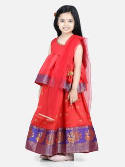 BownBee - Girls Jacquard Lehenga with Flared Choli & Dupatta- Red (Set of 3)