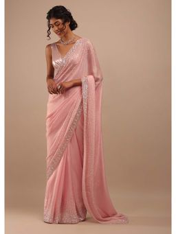 KALKI FASHION - Pink Sequins Saree in Shimmer 3D Petals Cut Dana Floral Buttis with Unstitched Blouse