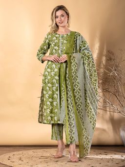Readiprint - Women Straight Style Green Kurta and Pant with Dupatta