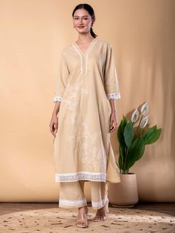 Readiprint - Women Straight Style Cotton Fabric Beige Kurta and Palazzo