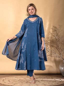 Readiprint - Women Anarkali Navy Blue Kurta and Pant with Dupatta