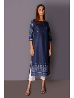 PINKSKY - Navy Blue Printed Mirror Work Boat Neck Kurta