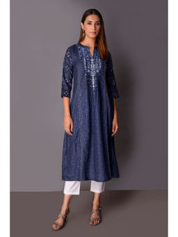 PINKSKY - Navy Blue Printed Mirror Work Mandarin Neck Kurta