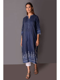 PINKSKY - Navy Blue Printed Mirror Work Mandarin Neck Kurta