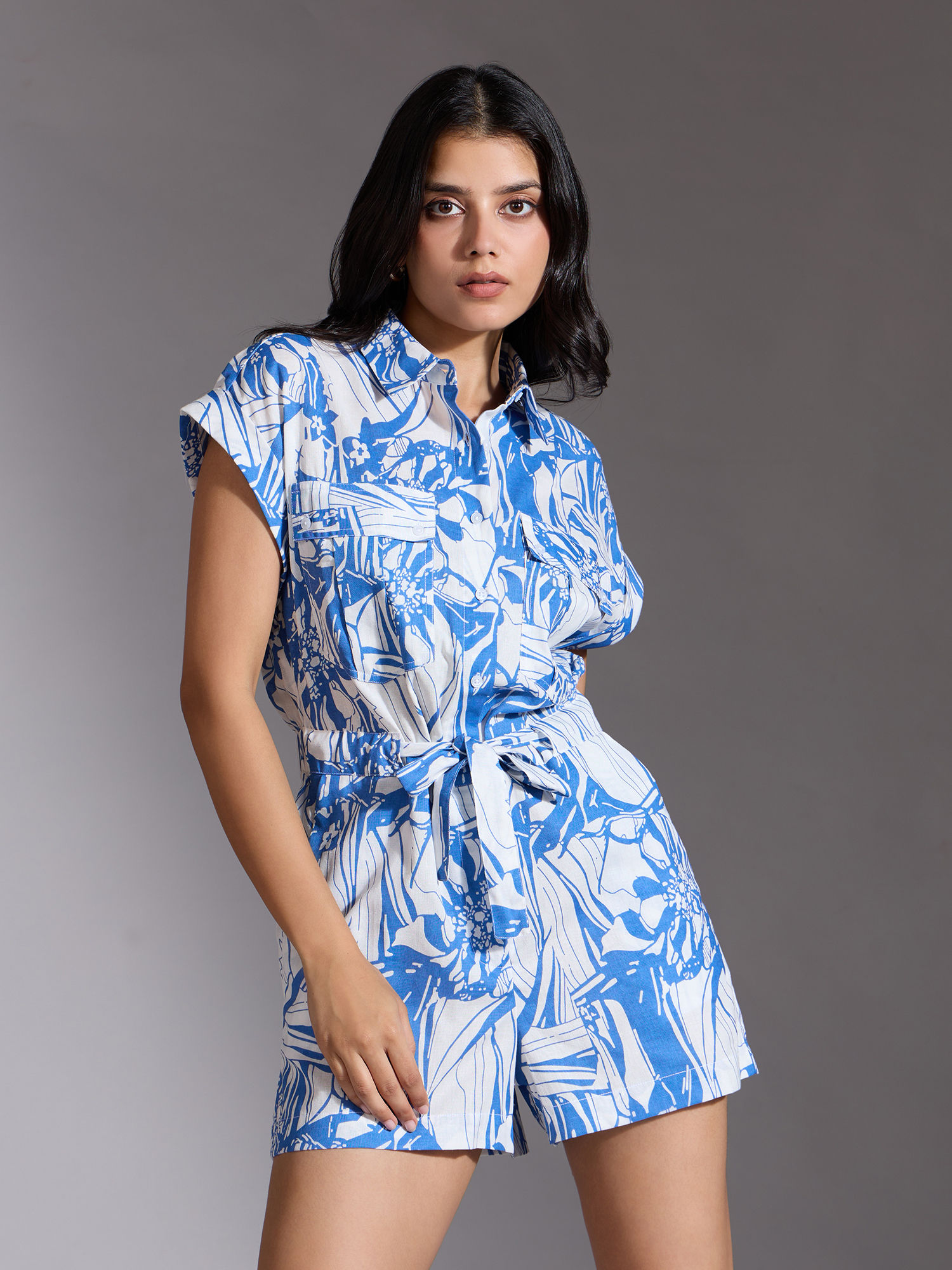Blue and White Shirt Collar Roll Up Sleeves Playsuit-picture-24