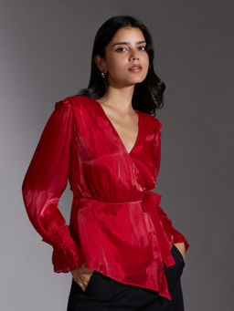 Twenty Dresses by Nykaa Fashion - Tomato Red Solid V Neck Wrap Top