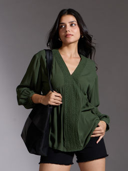 Twenty Dresses by Nykaa Fashion - Bottle Green Solid V Neck Bishop Sleeves Top