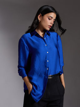 Twenty Dresses by Nykaa Fashion - Midnight Blue Solid Full Sleeves Gathered Shirt