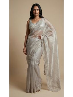 Dress & Dazzle - Grey Silver Tissue Saree - Free Size with Unstitched