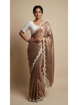 Dress & Dazzle - Coffee Brown Satin Tissue Saree - Free Size with Unstitched