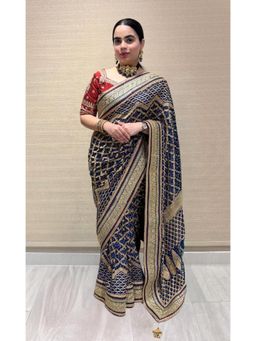 Dress & Dazzle - Navy Blue Khadi Georgette Bandhani Saree - Free Size with Unstitched