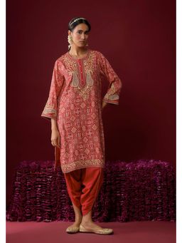 Sheetal Batra - Zoya - Deep Red Embroidered Yoke Bandhani Printed Kurta And Dhoti Pant