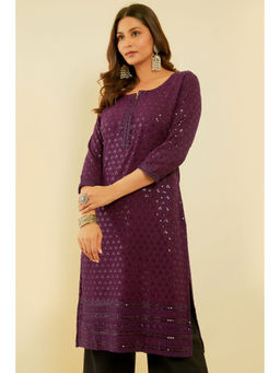 Soch - Women Purple Embroidered Rayon Straight Kurta